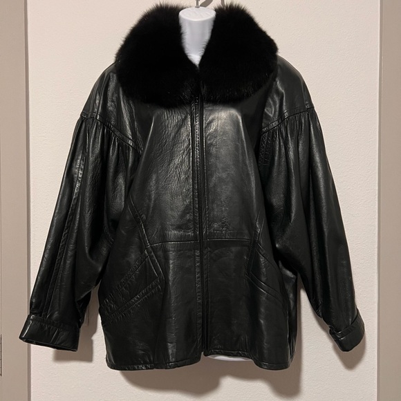 Stavros New York Vintage Arrow Leather Coat w/ Real Fur Collar, Black, Size 12 - Picture 1 of 13